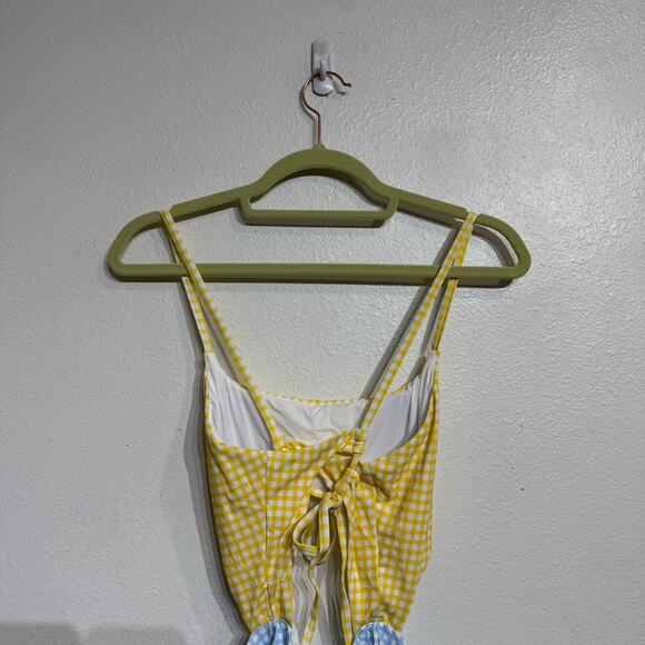 Aqua Swim Yellow Checkered Color Blocked Cut Out One Piece Swimsuit Sz S NWT - Picture 8 of 12
